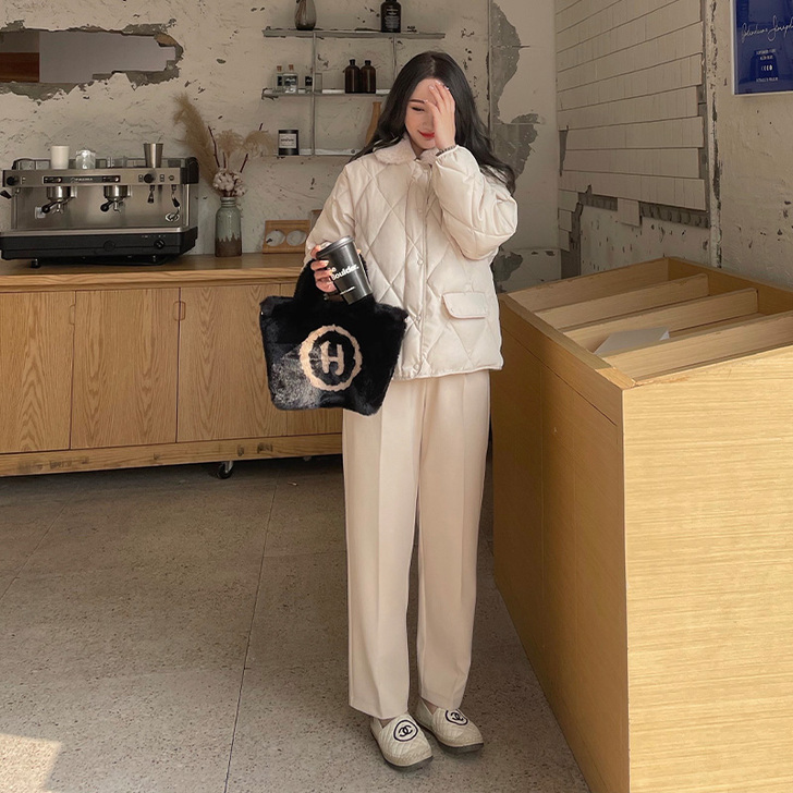 【欣怡微胖定制】直筒毛呢西装裤女加绒加厚宽...