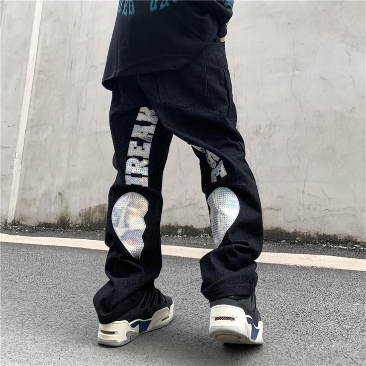 新款高街美式hiphop裤子宽松爱心牛仔裤...