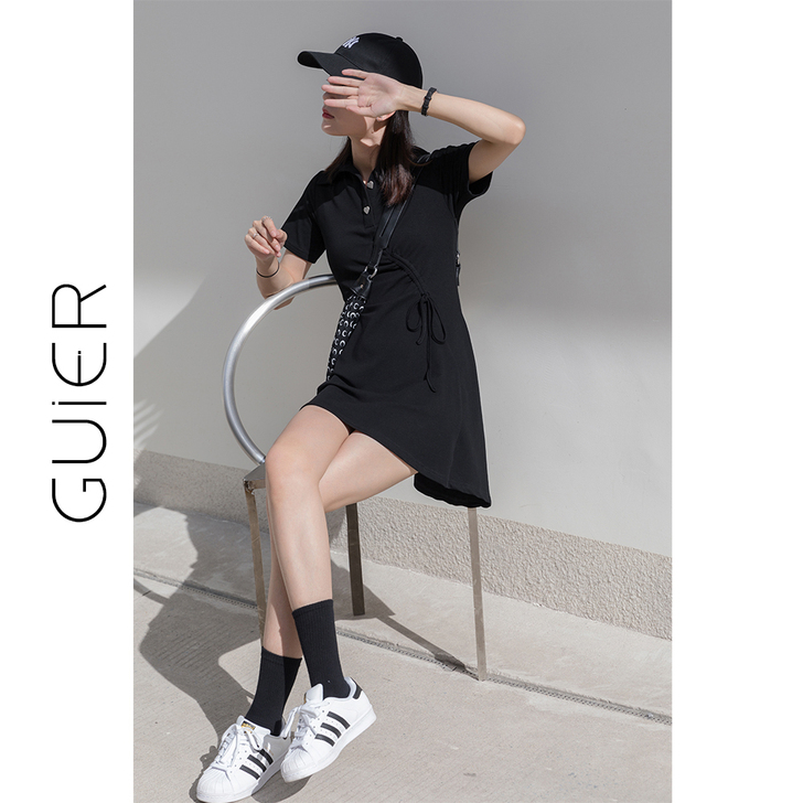 「GUIER」Polo领黑色连衣裙女202...