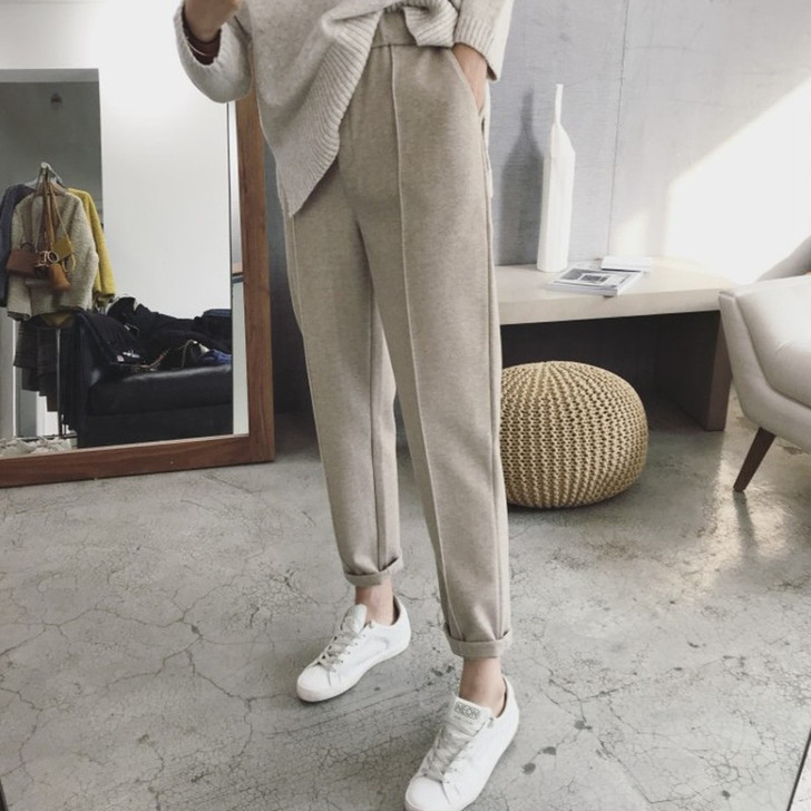 奶奶裤女网红毛呢裤加厚米色裤子秋冬加绒哈伦...