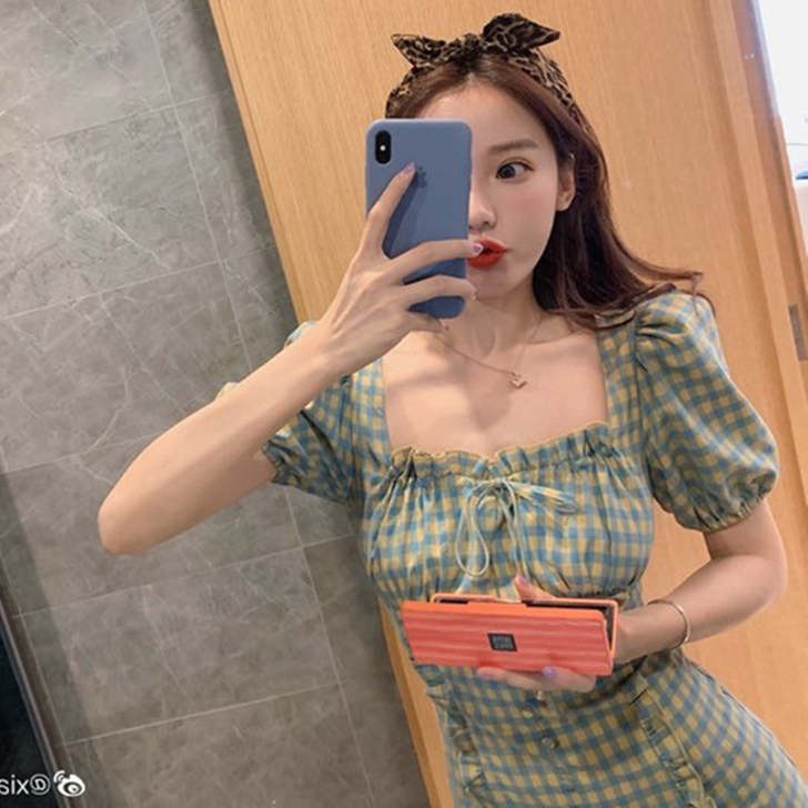 夏季新款2020法式方领绿黄格子连衣裙女网...