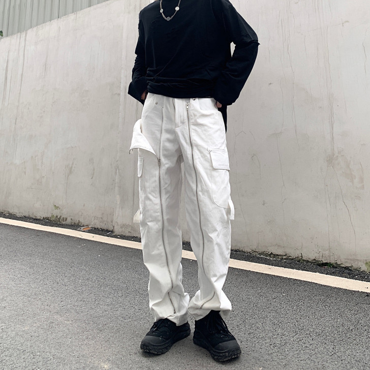 原宿ins高街暗黑系拉链拼接直筒工装裤宽松...
