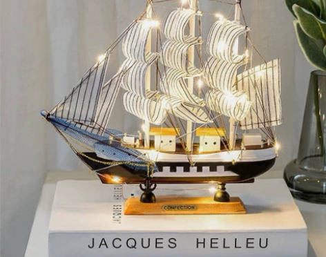 【全新】帆船模型摆件带灯木质工艺船一帆风顺...