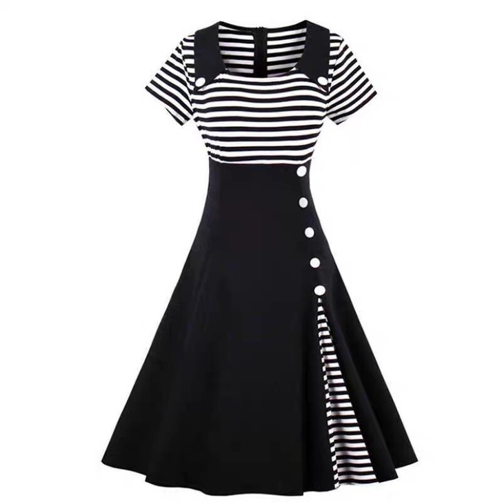 赫本风气质小众复古大码胖mm女法式条纹短袖...