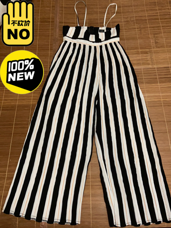 条纹吊带高腰雪纺阔腿连体裤 胸以下全是腿（...