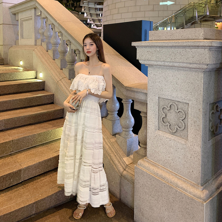 阿姐家一字肩抹胸高腰显瘦长裙浪漫白色连衣裙