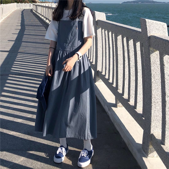 春夏女装韩国学院风宽松中长款高腰工装背带裙...