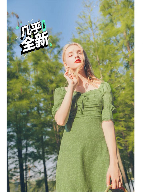 法式小众复古收腰显瘦波点连衣裙夏短款荷叶边...