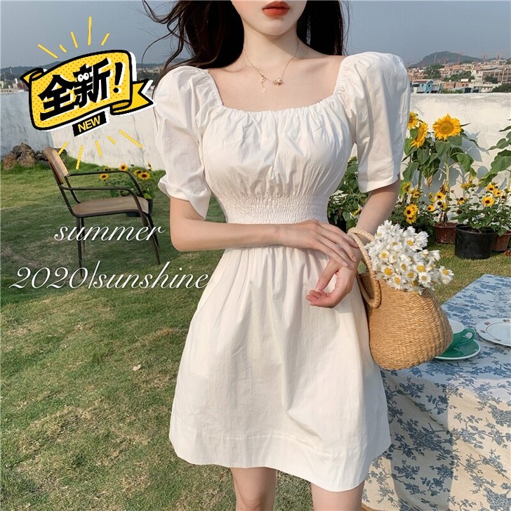 2021新款小清新露肩方领修身仙气女装夏季...