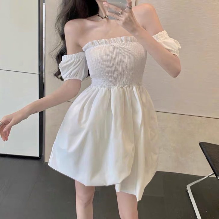 闲置一字领收腰连衣裙气质甜美露肩泡泡袖减龄...