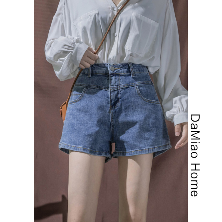 高腰拼接显瘦A字牛仔短裤女夏季简约弹力修身...