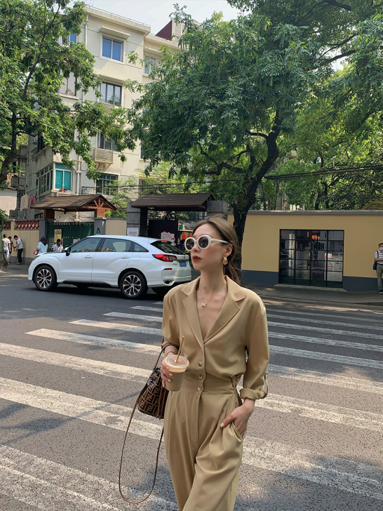 莫琳molin 高腰复古连体裤女坠感显瘦连...