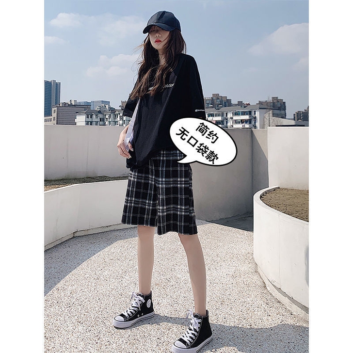 2021新款女学生夏宽松高腰格子短裤休闲中...