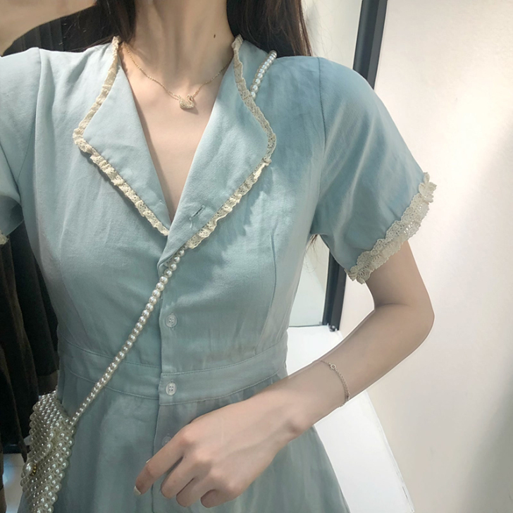 梗桔裙初恋裙森系甜美可盐可甜雾霾蓝气场连衣...