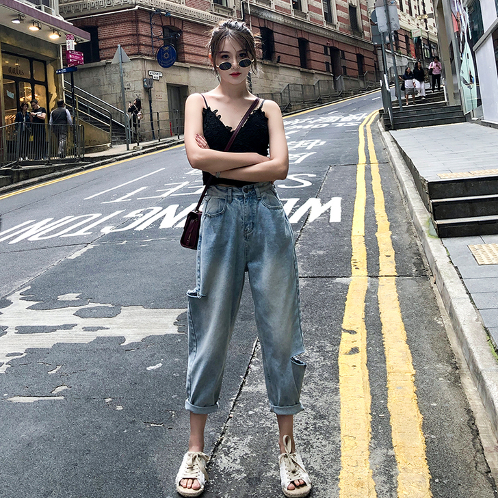 网红泫雅乞丐裤高腰破洞牛仔裤女宽松2019...