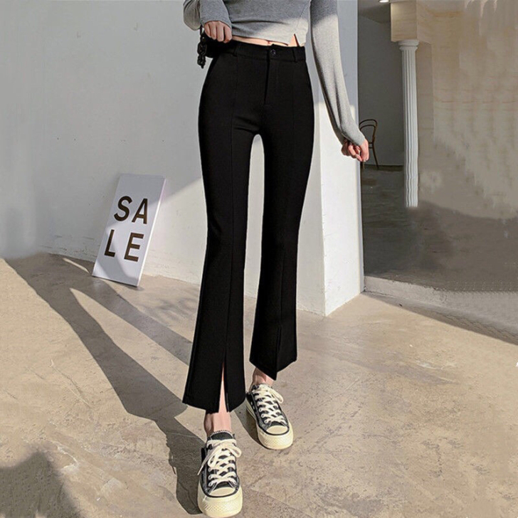 黑色高腰开叉女夏季新款显瘦阔腿裤拖地分叉微...