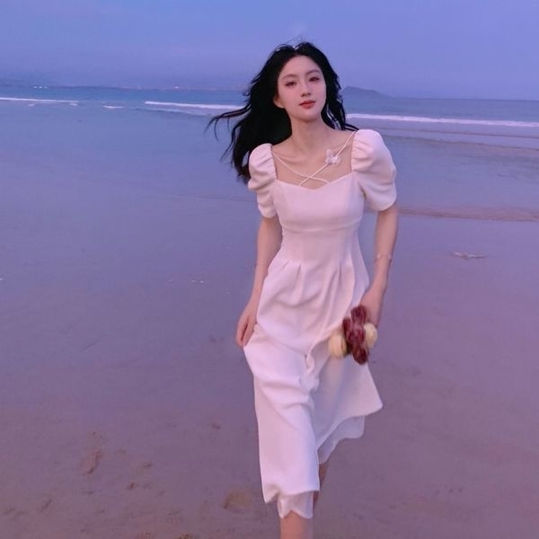 森系连衣裙女夏装高档温柔风长裙白色初恋桔梗...
