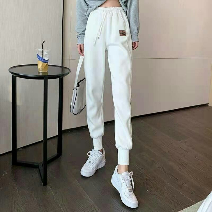 春夏季韩版宽松休闲哈伦裤女外穿白色束脚裤子...