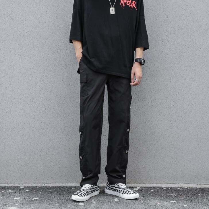 高街新品潮牌工装排扣裤暗黑风宽松拉链休闲裤...