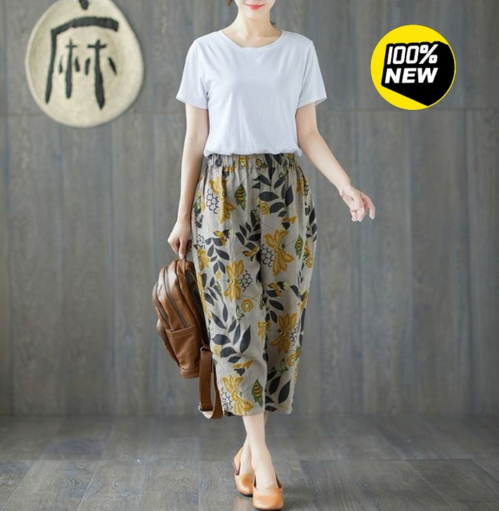 花朵裤子棉麻舒适文艺哈伦裤新款夏季女裤印花...