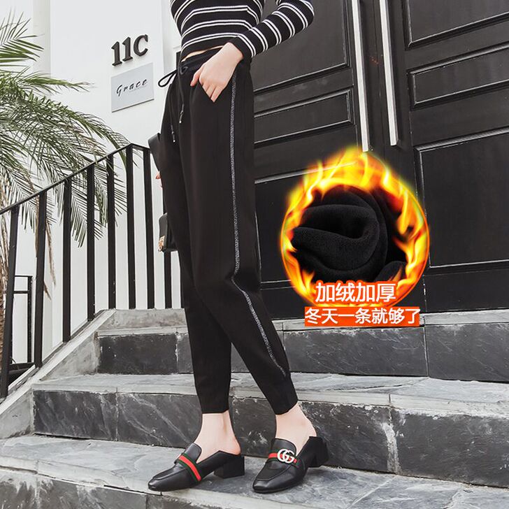 秋冬季加厚加绒运动裤女学生韩版宽松原宿bf...