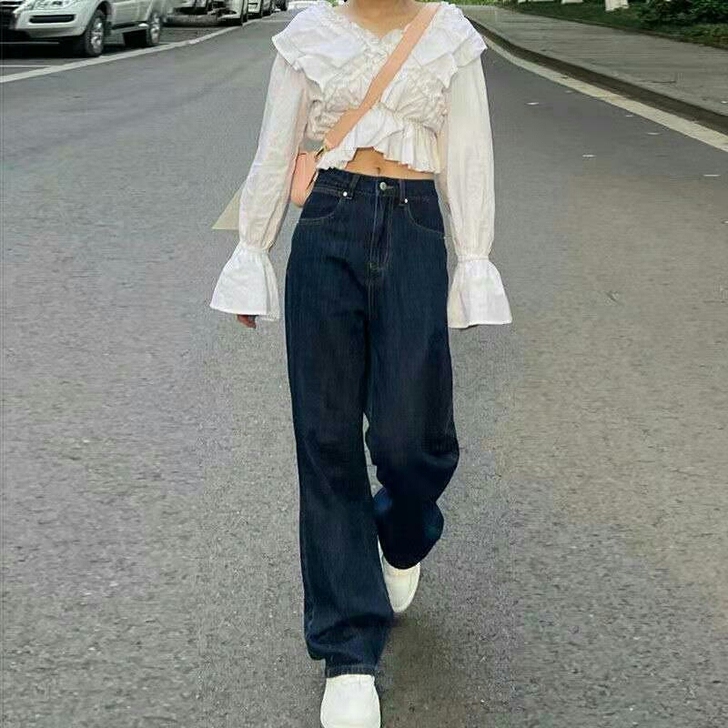 复古深蓝色牛仔裤女夏季新款韩版宽松高腰显瘦...