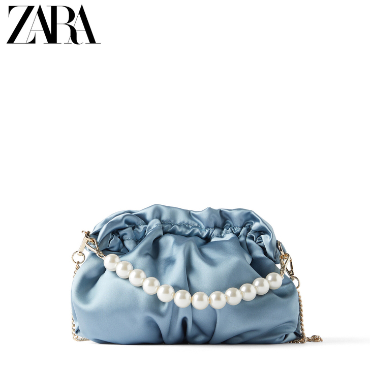 ZARA云朵包包女包单肩包珍珠提手缎面手提...