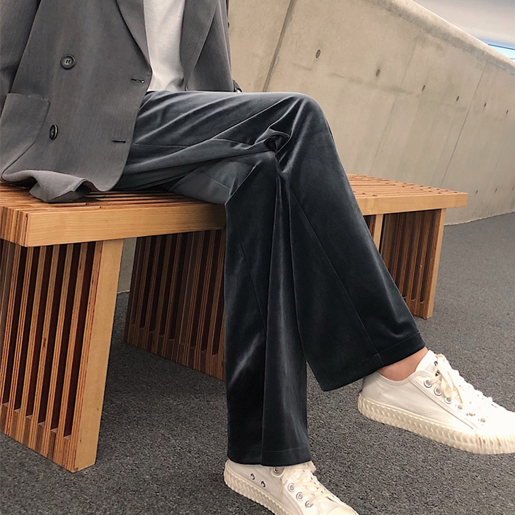 金丝绒阔腿裤女春秋高腰宽松坠垂感直筒黑色加...
