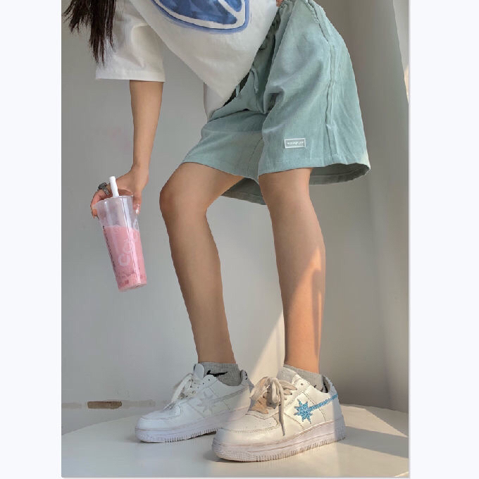 薄荷绿灯芯绒短裤女裤子夏季宽松休闲高腰显瘦...
