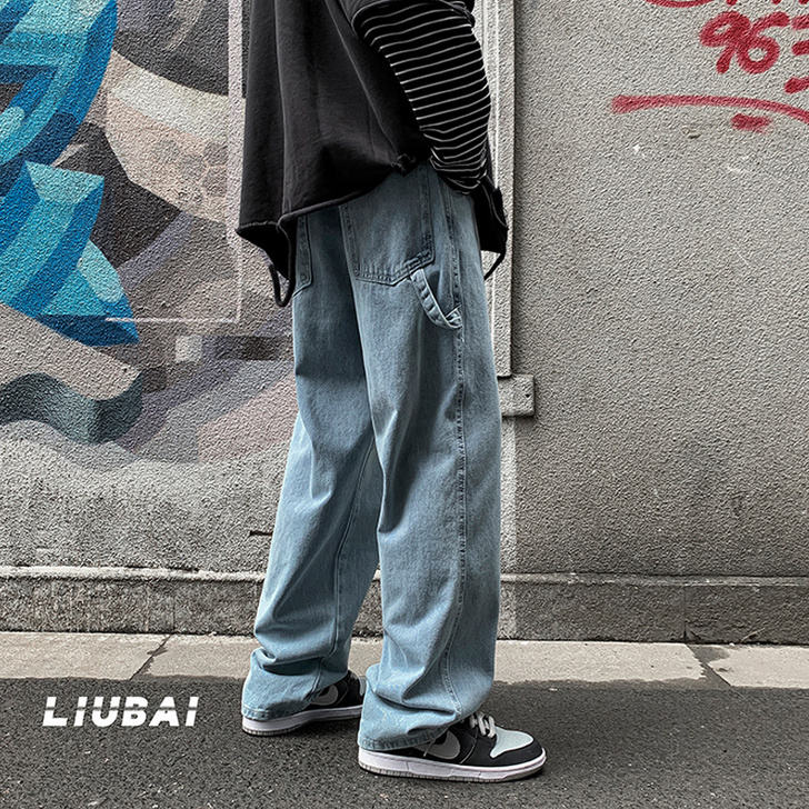 高街复古牛仔裤男韩版潮牌宽松直筒拖地裤20...