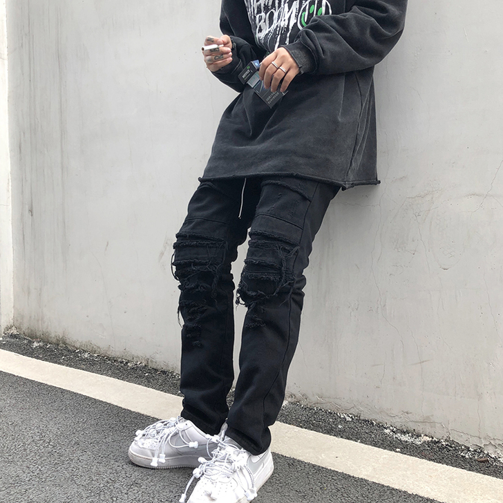 ins黑暗系高街黑牛仔裤无破洞欧美潮牌刮烂...
