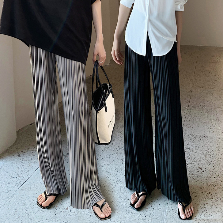 百褶冰丝裤垂坠感阔腿裤女夏季薄款高腰垂感直...