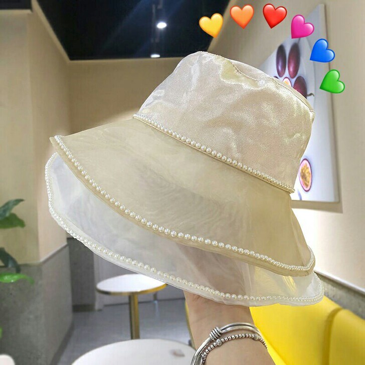 春夏遮阳帽女珍珠绸缎渔夫帽子女网纱大沿春夏...