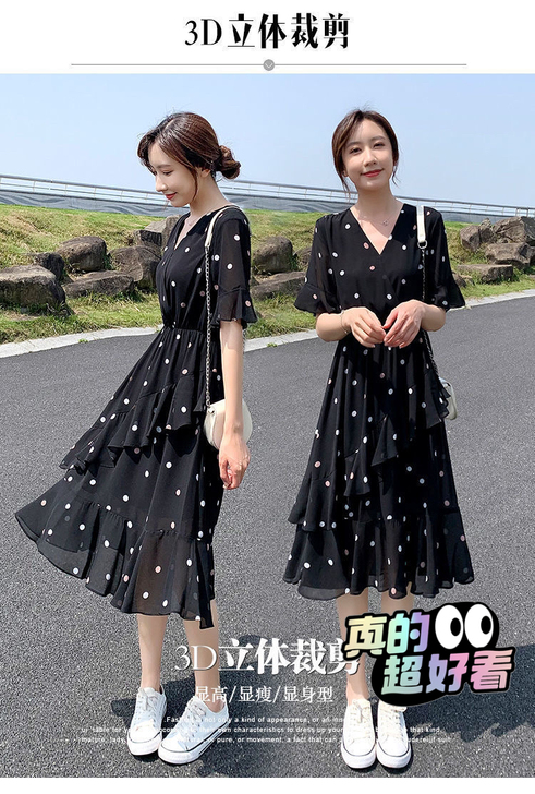 （特价处理）黑色波点雪纺连衣裙2021夏季...