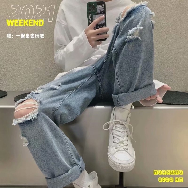全新未使用破洞牛仔裤，潮流男裤子