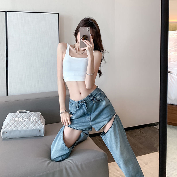 欧美辣妹风拉链牛仔裤女高腰显瘦直筒宽松复古风