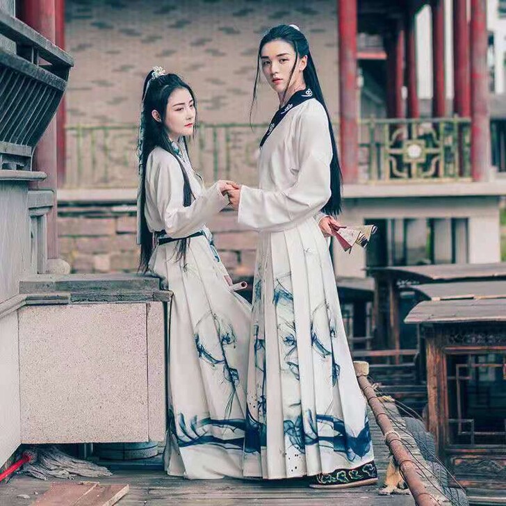 汉服水墨交领齐腰汉服学生日常情侣套装男女印...