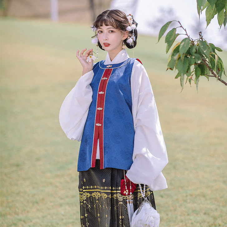 池夏 墨:并蒂 明制暗纹提花圆领对襟比甲 ...