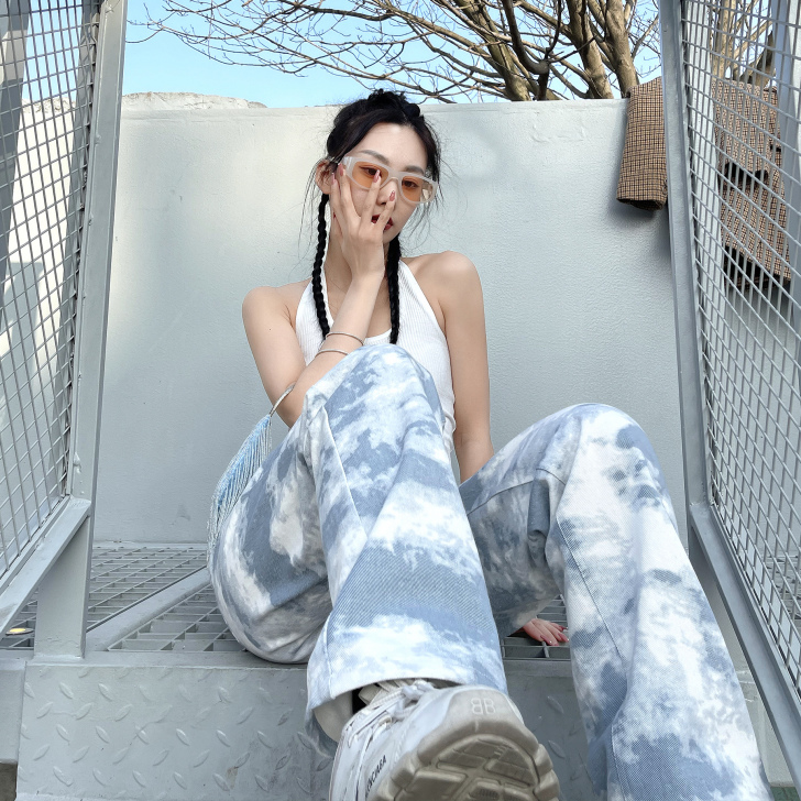扎染牛仔裤女夏薄款设计感小众高腰阔腿甜辣风...