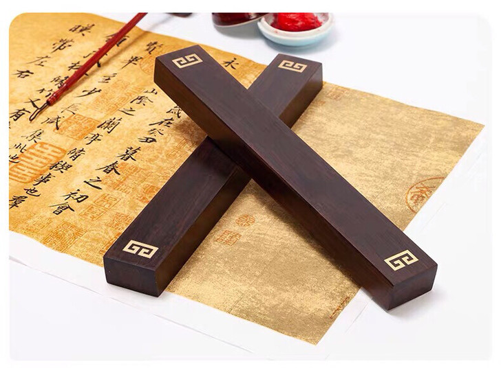 如意紫光檀镶铜镇尺镇纸石文房摆件中国风实木...