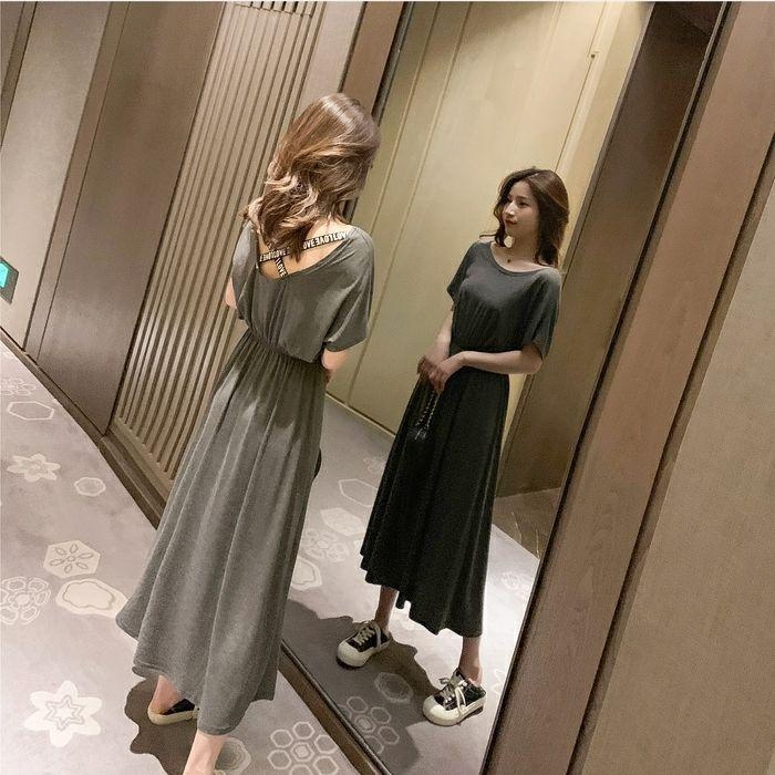 夏季新款后背交叉收腰显瘦连衣裙女韩版纯色淑...