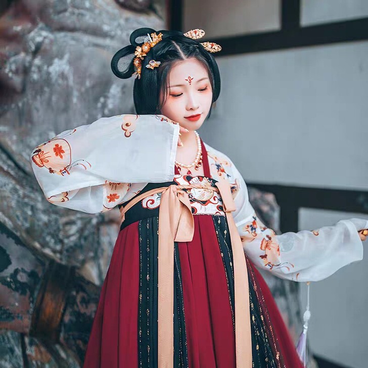 汉尚华莲落花汉服女装高腰齐胸襦裙印花刺绣唐...