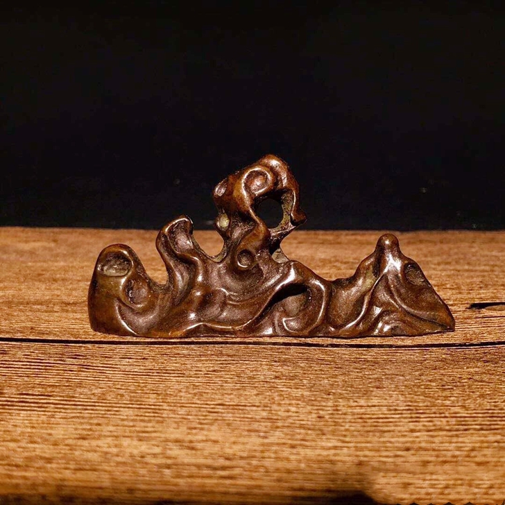 日本回流紫铜太湖石笔架摆件茶宠手把件收藏铜器