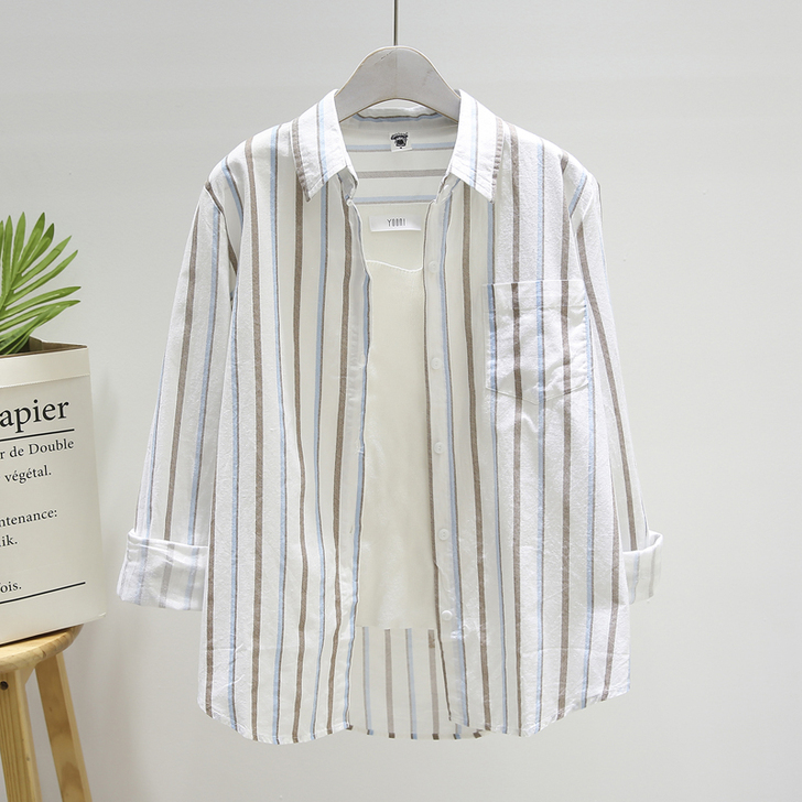 春秋季小清新拼色百搭新款竖条纹衬衫女长袖韩...