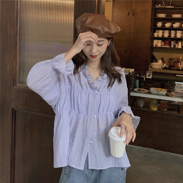 法式v领紫色衬衫女设计感小众春秋季宽松遮肉...
