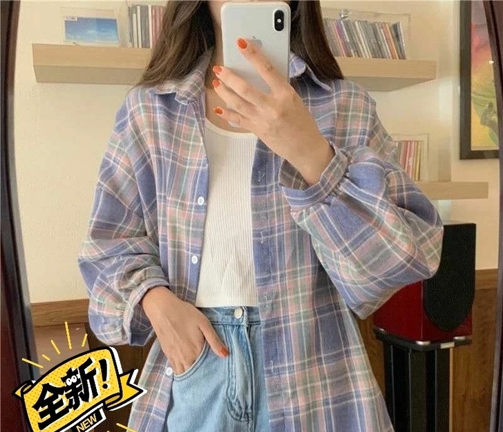 春季新款格子衬衫女学生韩版宽松POLO领长...