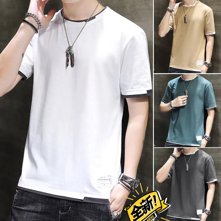 纯棉夏季男士假两件短袖t恤男青少年半袖in...