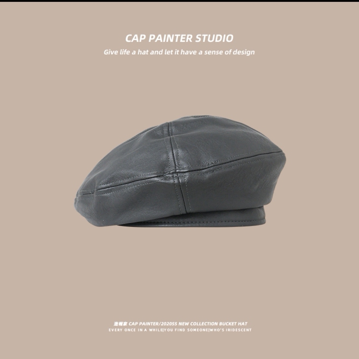 【全新】造帽家 皮质贝雷帽 灰绿色 秋冬