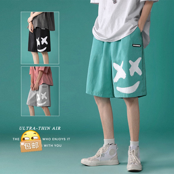 ins港风笑脸短裤男士潮牌沙滩裤宽松休闲运...