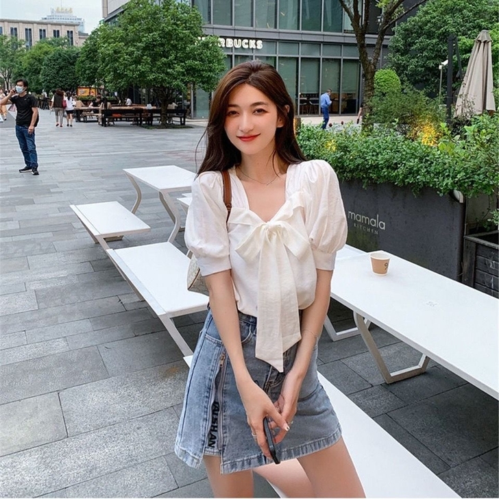 全新 法式白色蝴蝶结方领短袖2021夏新款...